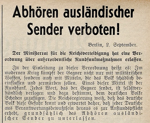 Das Abhören ausländischer Sender ist verboten, Zeitschrift Radio Wien, 9. September 1939