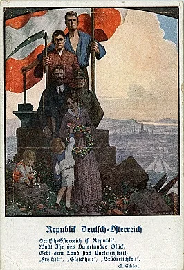 Postkarte Republik Deutsch-Österreich - ca. 1919 - mit diversen Persoen (Flaggenträger, Mann mit Sense, bürgerliches Ehepaar, Kind....Im Hintergrund ist die Stadt Wien erkennbar.