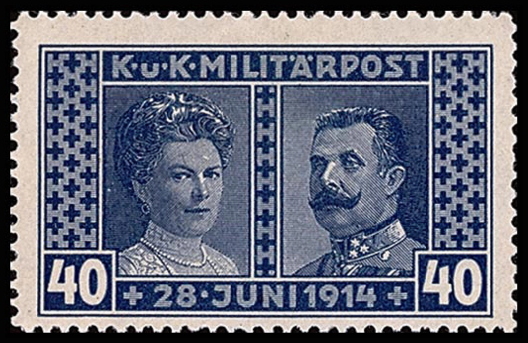 40 Heller Marke der k.u.k. Militärpost erschien im Jahr 1917 zum Angedenken an den ermordeten Thronfolger und seiner Gattin