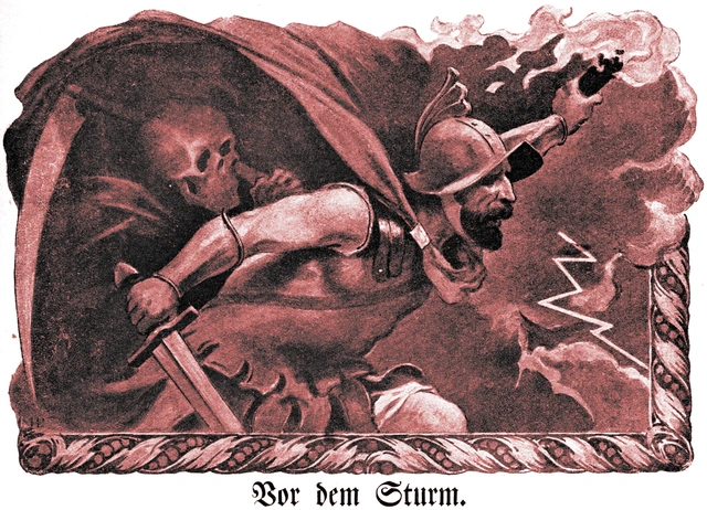 Vor dem Sturm - Mars, der Kriegsgott, mach sich bereit - allegorische Graphik