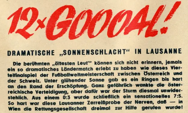 Schlagzeile: "12 mal Goooal!" mit einigen Zeilen Bericht zu den Sportfotos vom 30. Juni 1954.