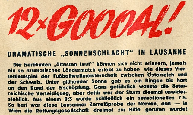 Schlagzeile: "12 mal Goooal!" mit einigen Zeilen Bericht zu den Sportfotos vom 30. Juni 1954.