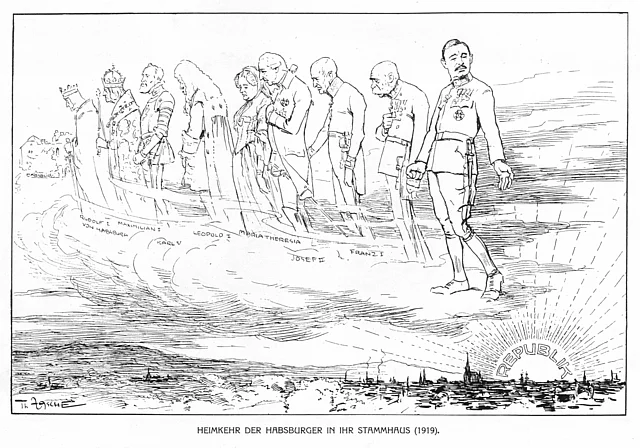 Karikatur - Die "Heimkehr der Habsburger in ihr Stammhaus (1919) aus Theo Zasche's Lachendes Wien 1923.