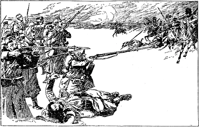 k. u. k. Infanterie wehrt einen Kosaken-Angriff ab