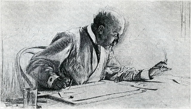 Otto Wagner am Arbeitstisch. Porträtradierung von G. von Kempff. In: Ludwig Hevesi. Österreichische Kunst im 19. Jahrhundert, Leipzig 1903, S. 286.