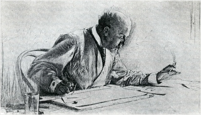 Otto Wagner am Arbeitstisch. Porträtradierung von G. von Kempff. In: Ludwig Hevesi. Österreichische Kunst im 19. Jahrhundert, Leipzig 1903, S. 286.