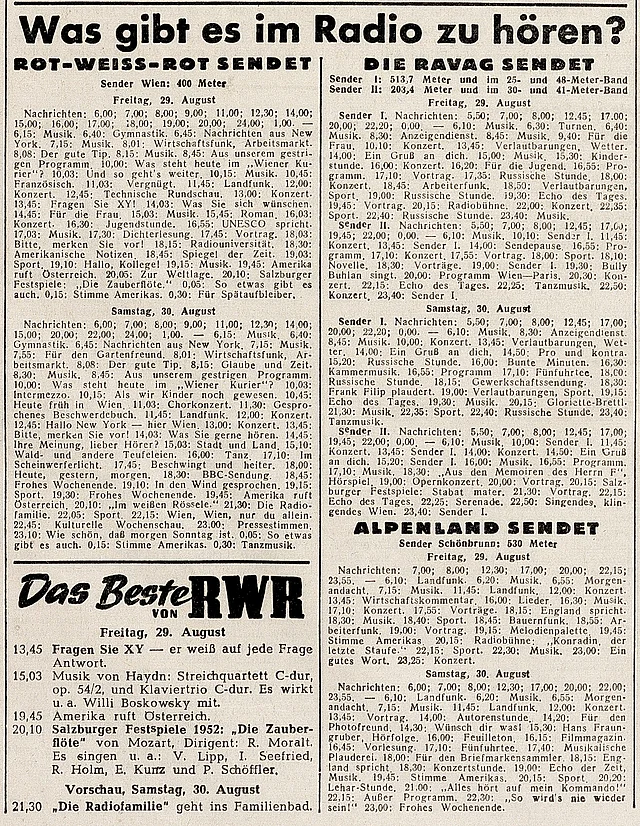 Kurier, Radioprogramm, 29. August 1952