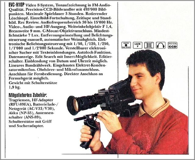 Kopie aus dem Produktkatalog. Sony Sound and vision 1990, Seite 21, zeigt männlichen Filmer