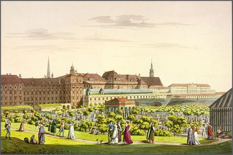 Auf dem Glacis vor der Hofburg, um 1805; Nachdruck eines Stiches von Karl Postel