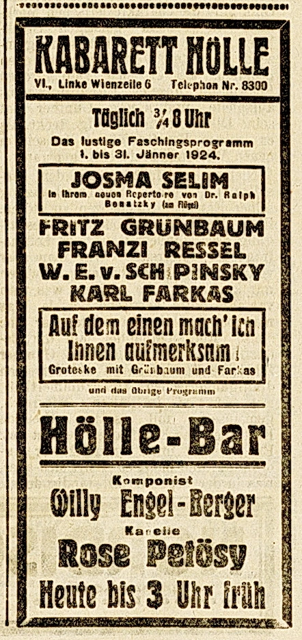 Zeitungsannonce für das Kabarett "Die Hölle", 1924