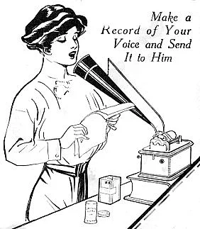 Werbung für den Phonographen, USA 1913. Karikatur einer Frau, die den Phonographen bedient.