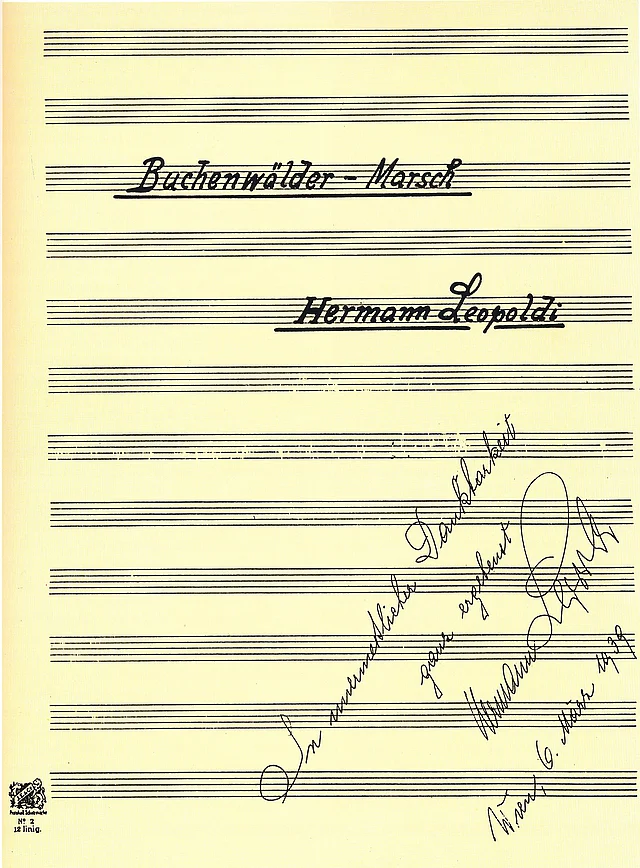 Notencover: "Buchenwälder-Marsch" mit handschriftlicher Notiz: "In unendlicher Dankbarkeit ganz ergebenst Hermann Leopoldi. Wien, 6. März 1939"