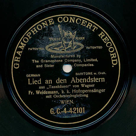   Friedrich Weidemann - Schellacklabel der Aufnahme "O du mein holder Abendstern" aus Richard Wagners Tannhäuser.