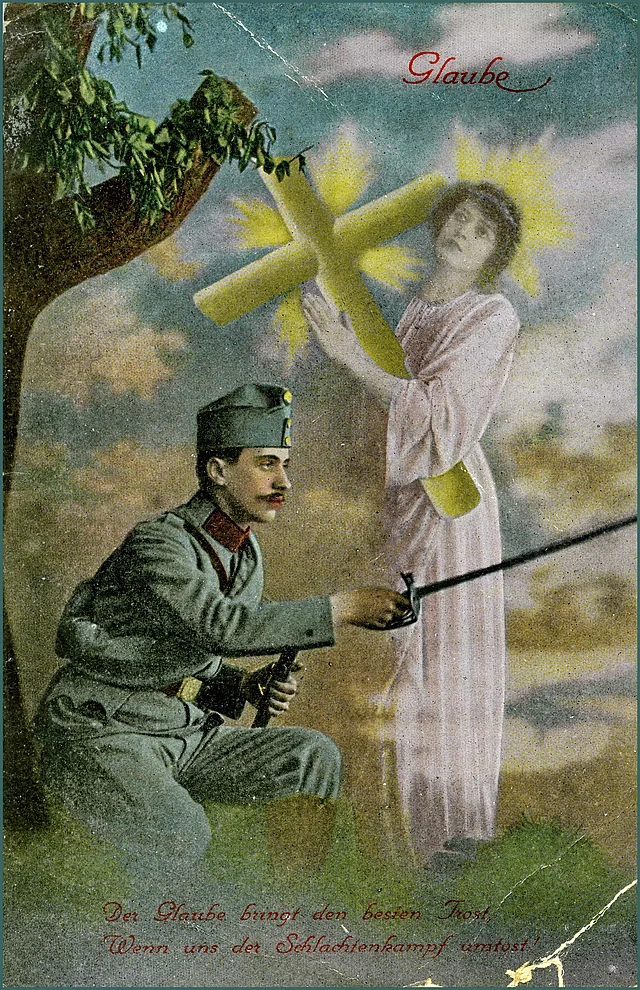 Eine patriotische Postkarte die an den Glauben der Soldaten appellierte.