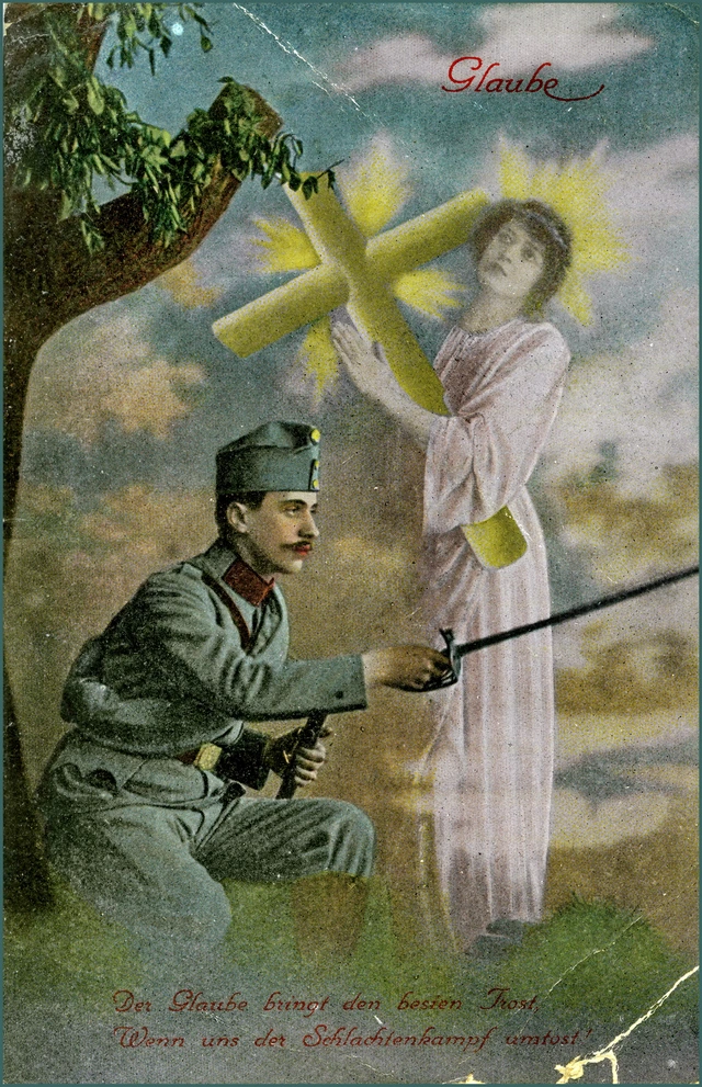 Eine patriotische Postkarte die an den Glauben der Soldaten appellierte.