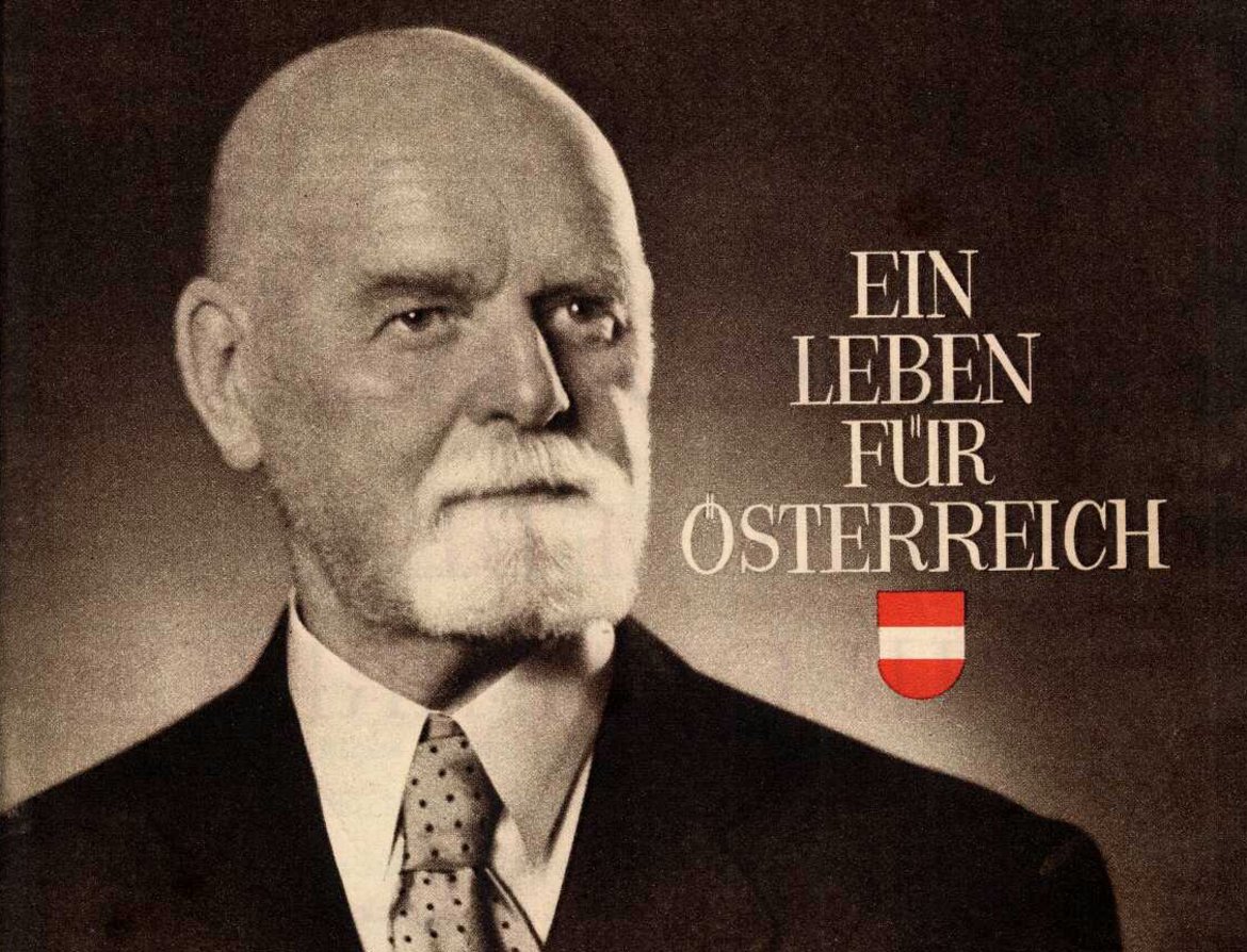 Portrait von Theodor Körner mit der danebenstehenden Textzeile: Ein Leben für Österreich.