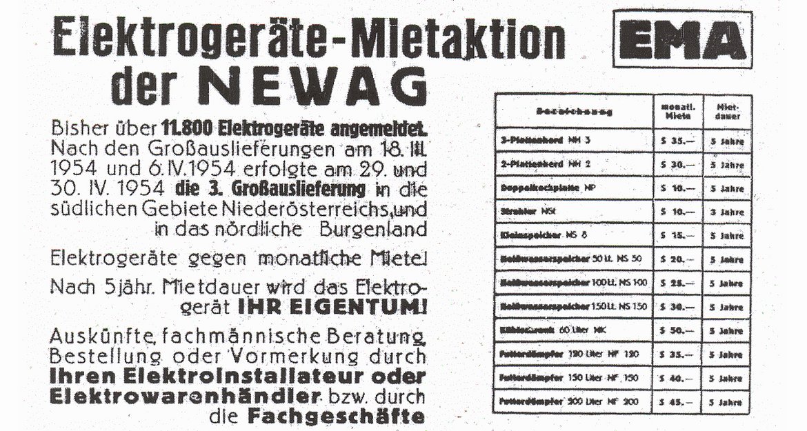 Zeitungsanzeige: "Elektro-Meitaktion der NEWAG..." Informationen über die Miete von Elektrogeräten die nach 5 Jahren ins Eigentum übergeht.