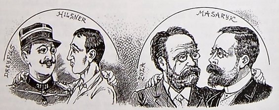 Karikatur die Parallelen zwischen der Affäre Dreyfus und dem Fall Hilsner zieht