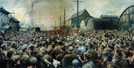 Lenin spricht vor Arbeitern der Putilow-Werke
