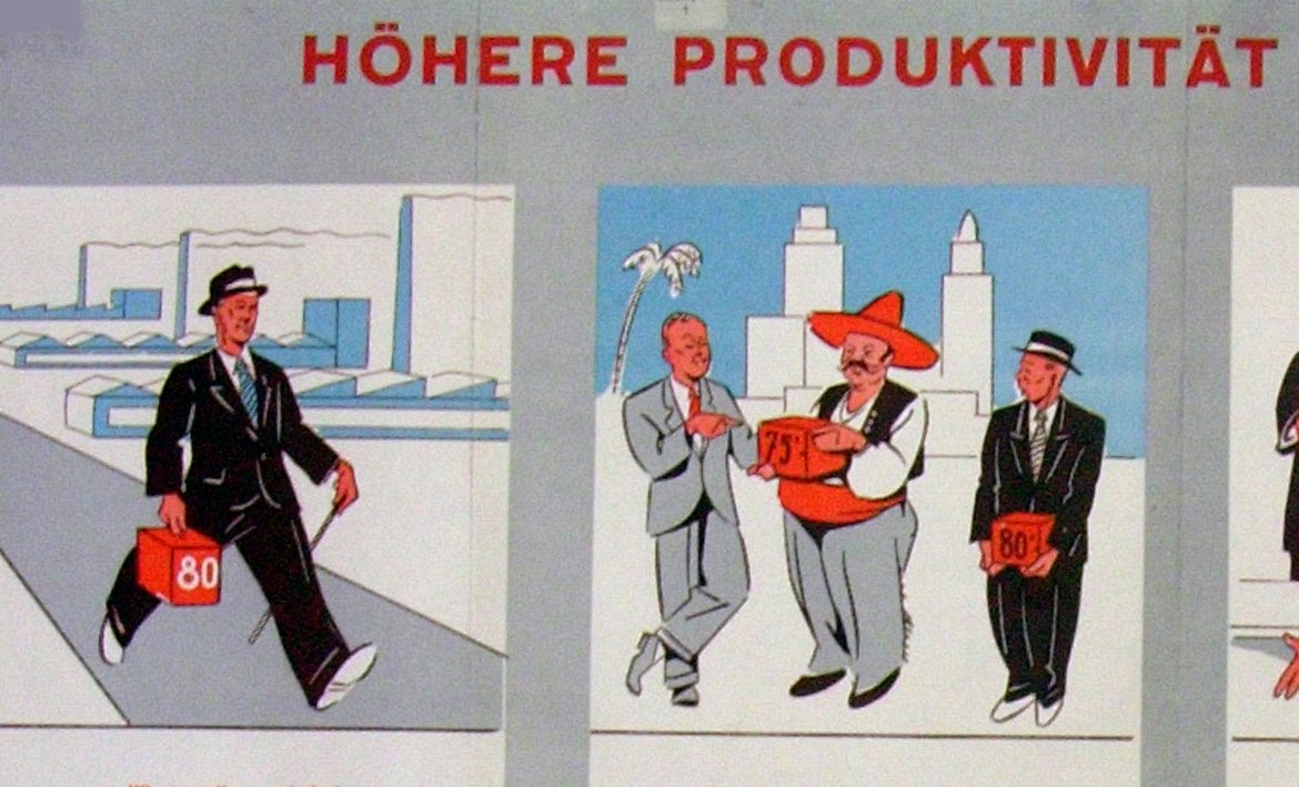 Plakat mit kleinen gezeichneten Einzelbildern und der Aufschrift: Höhere Produktivität senkt die Preise