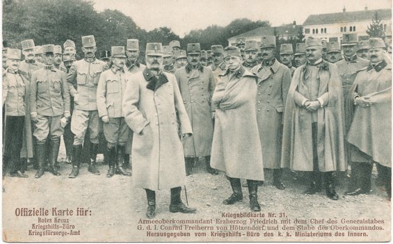 Das AOK mit Generalstabschef Conrad von Hötzendorf und Armeeoberkommandant Erzherzog Friedrich