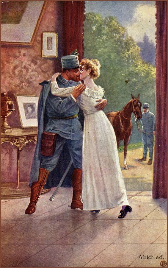 Eine patriotische Postkarte, die den Abschied in den Krieg romantisch zu verklären sucht. 
Gelaufen 1916.