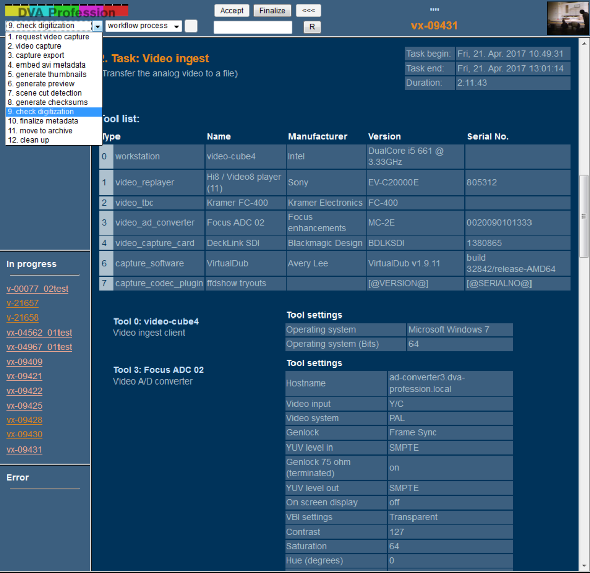 DVA Professional screenshot showing the workflow metadata