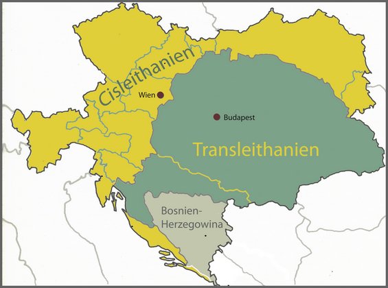 Österreich-Ungarn mit seinen beiden Teilen: Cisleithanien (die im Reichsrat vertretenenen Königreiche und Länder), Transleithanien (die Länder der heiligen Stefanskrone). Bosnien und Herzegowina wird gemeinsam von beiden Reichsteilen verwaltet.