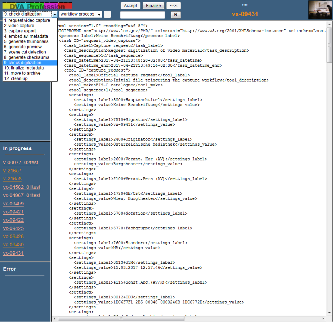 DVA Professional screenshot showing metadata in XML