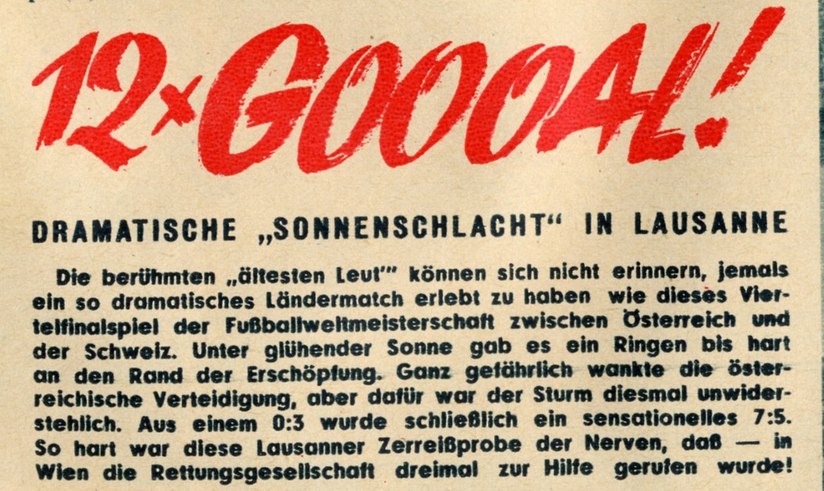Schlagzeile mit beinigen Zeilen Bericht zu den Sportfotos vom 30. Juni 1954 "12 mal Goooal!"